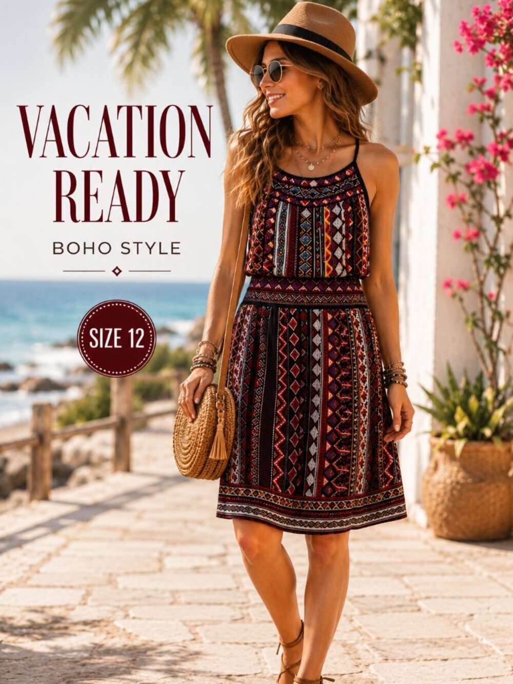 Maggy London Boho Geometric Print Maxi Dress Size 12 Resort Vacation Cruise